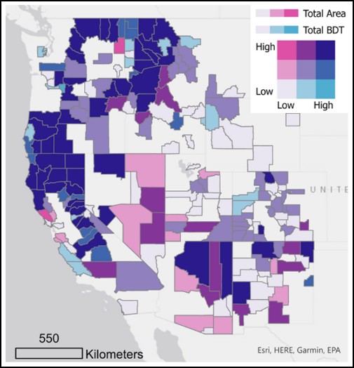 Bivariate graphic of 2050, 70 million acre scenario. Low to high acreage per county (gray to bright pink) and low to high bone dry tons per county (gray to bright blue) are highlighted.