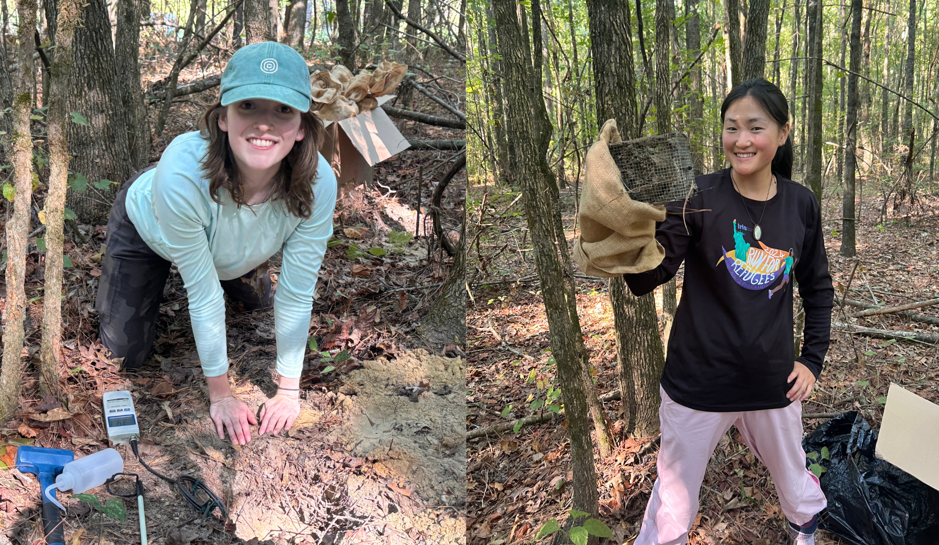 Isabella (left) and Alika (right) in the field uncovering and packing wood cookie samples. Photos: A. Ting and I. Garrioch.