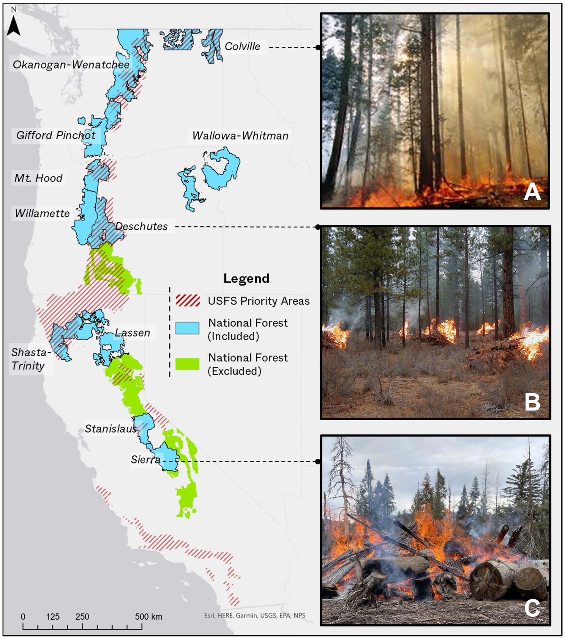 Figure 1. Map of National Forests in the study region. Forests included in the study are shown in blue while excluded forests which fit our study criteria are shown in green. The map also shows USFS priority areas for the Wildfire Crisis Implementation Strategy (in red).