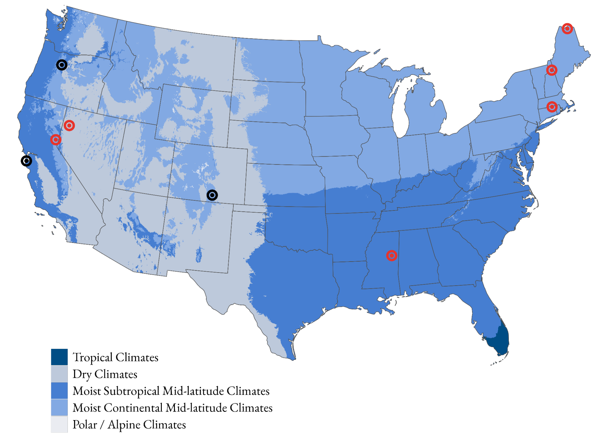 Map of the current field sites for the Biologic Program at the Carbon Containment Lab in the United States. Red points represent Wood Cookie Experiment sites and black points represent the field sites of other complementary experiments exploring biologic carbon capture pathways. Graphic created by A. Ting using R and RSstudio with climate data retrieved from Beck et al. (2023).[10]