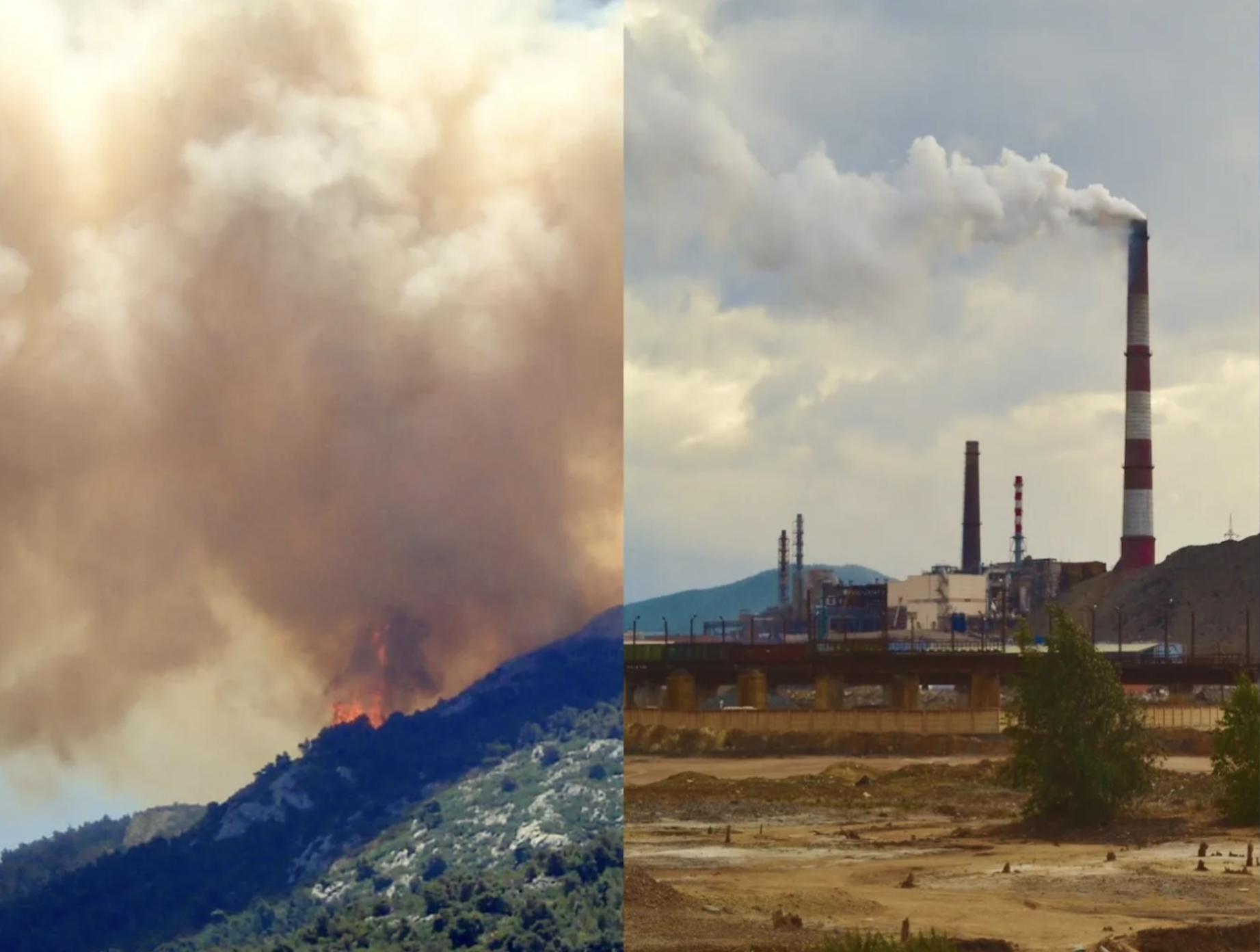 Cooling aerosols emitted from volcanic eruptions (on the left) and fossil fuel combustion (on the right). Source: Aerosols: Small Particles with Big Climate Effects, NASA.